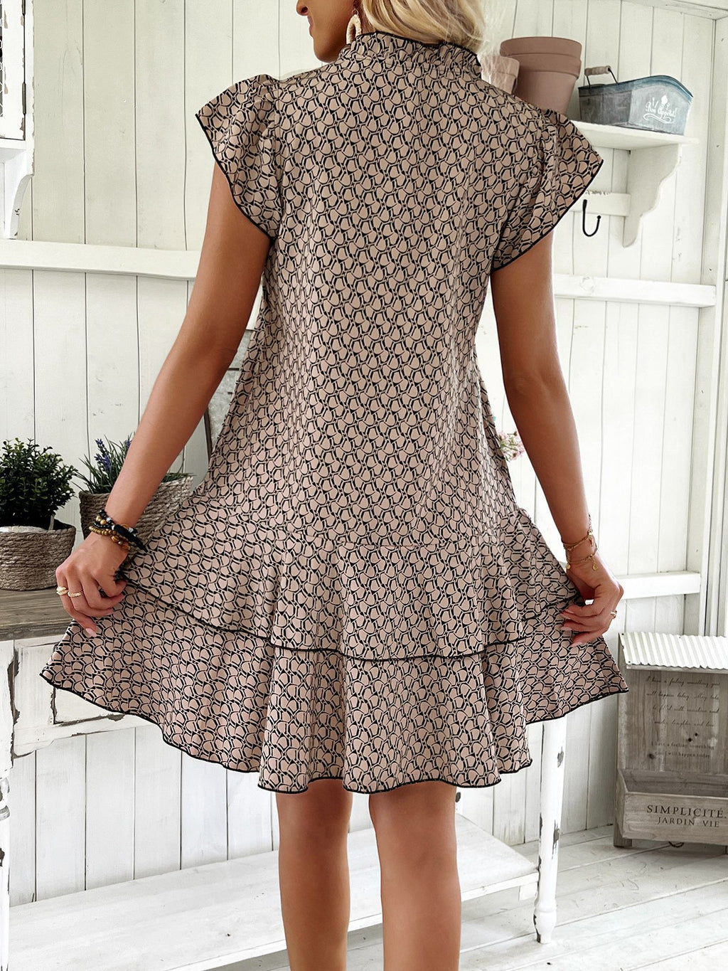 Flutter Sleeve Ruffle Hem Printed Dress - Brown - 1