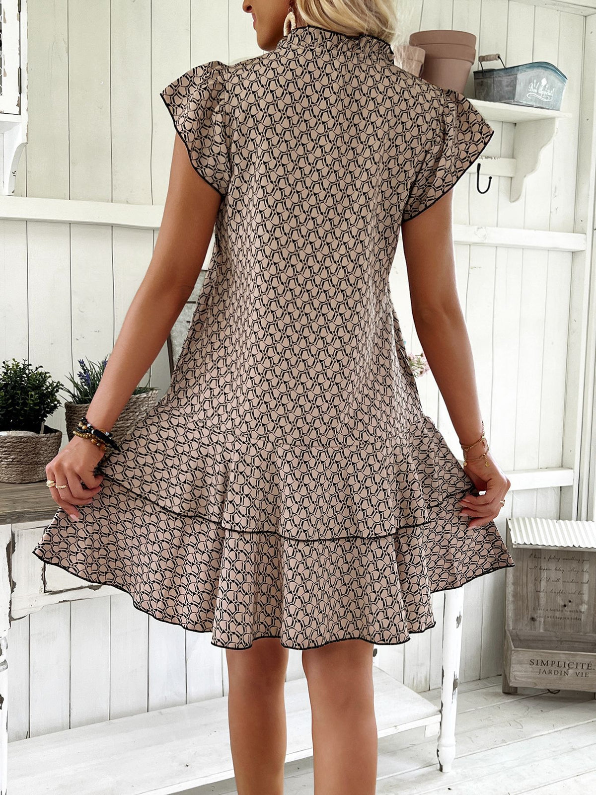 Flutter Sleeve Ruffle Hem Printed Dress - Brown - 1