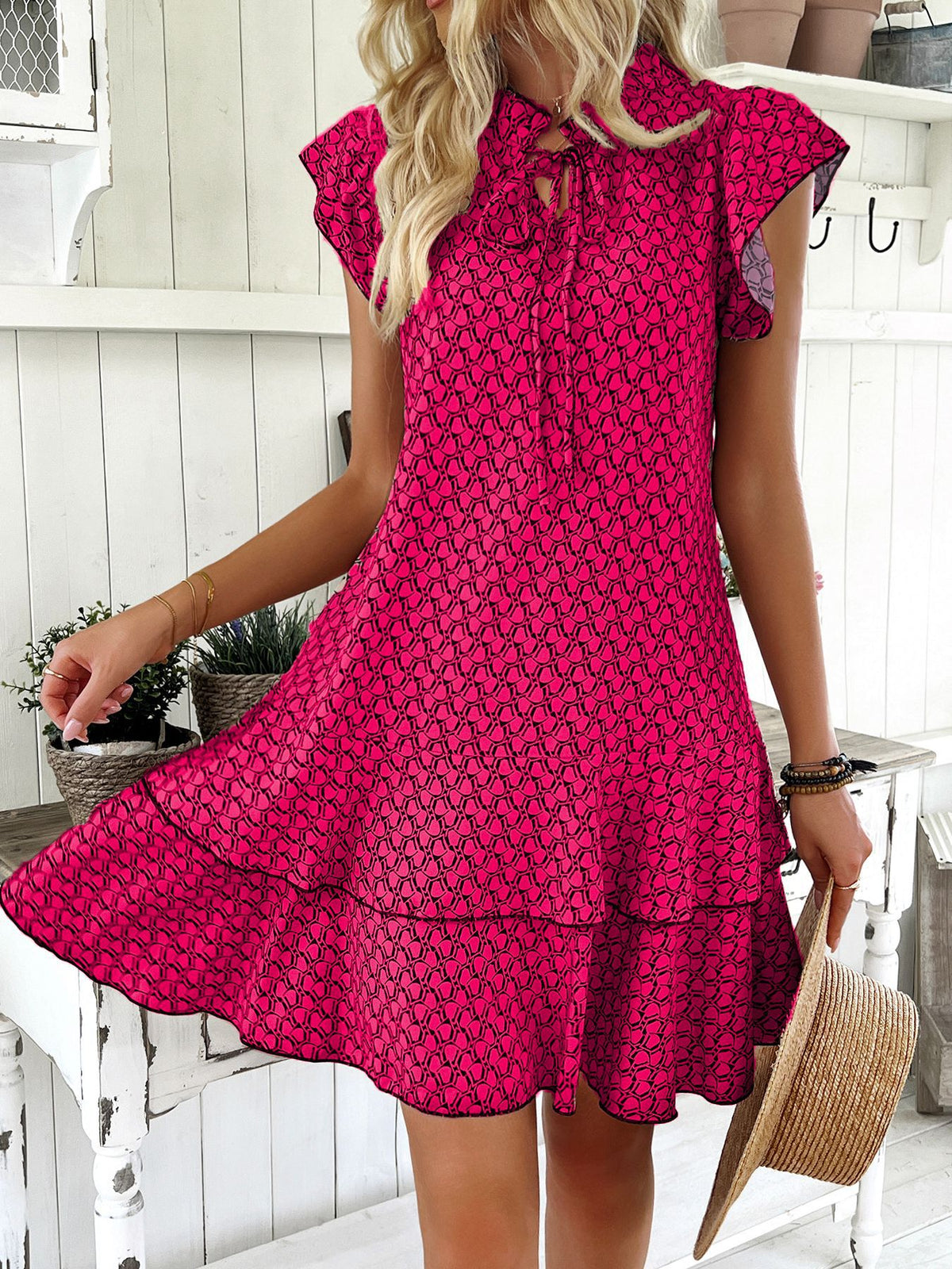 Flutter Sleeve Ruffle Hem Printed Dress - Rose - 1