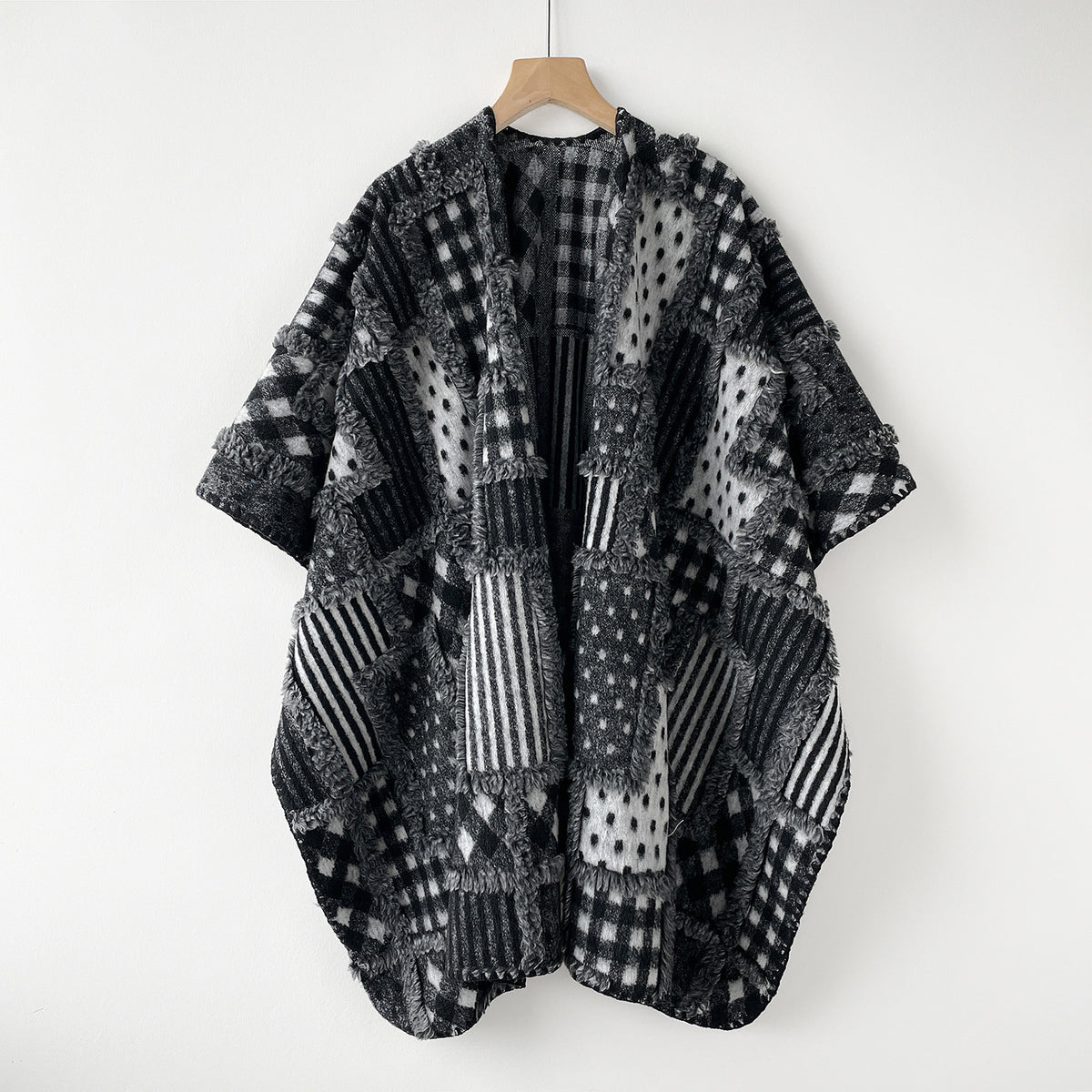 Oversized Geometric Patchwork Knit Wrap Scarf - Black