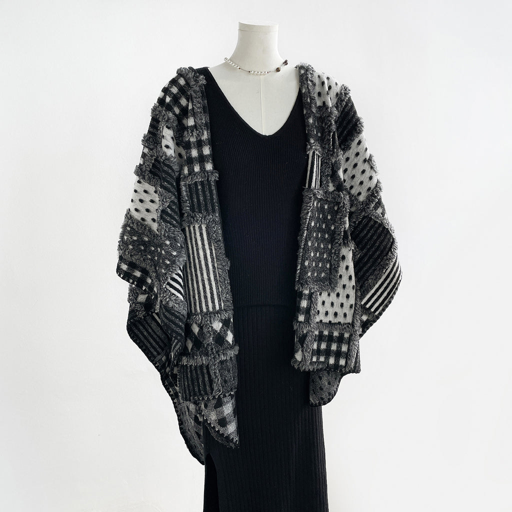 Oversized Geometric Patchwork Knit Wrap Scarf - Black - 1