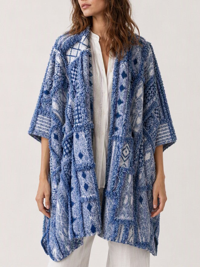 Oversized Geometric Patchwork Knit Wrap Scarf - Blue