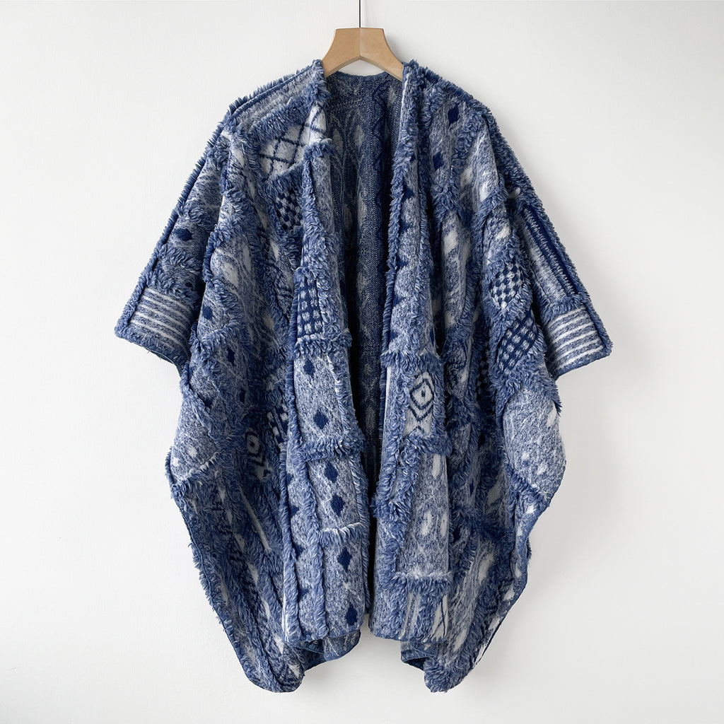 Oversized Geometric Patchwork Knit Wrap Scarf - Blue - 1
