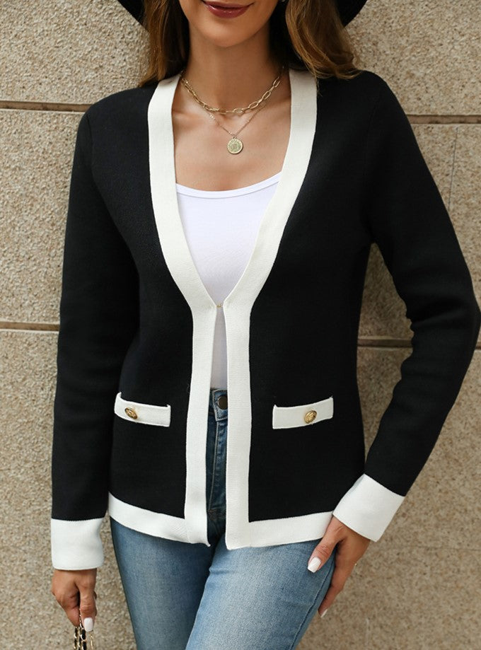 Contrast Trim V Neck Knit Cardigan - Black - 2