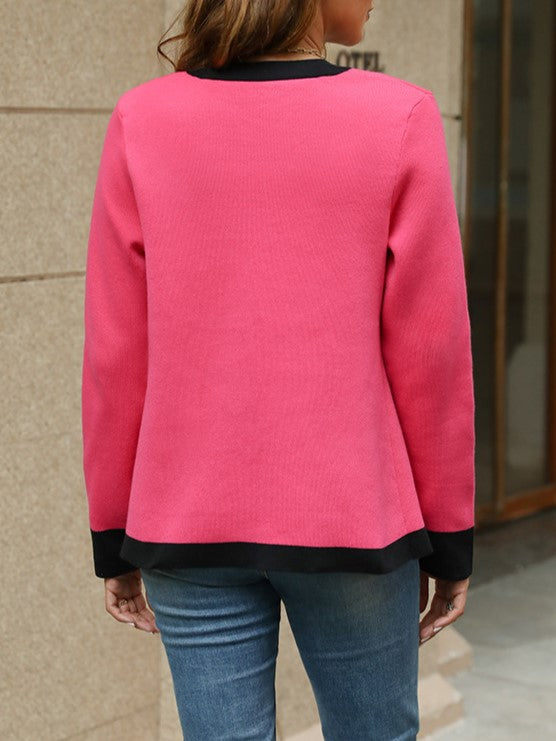 Contrast Trim V Neck Knit Cardigan - Rosered - 1