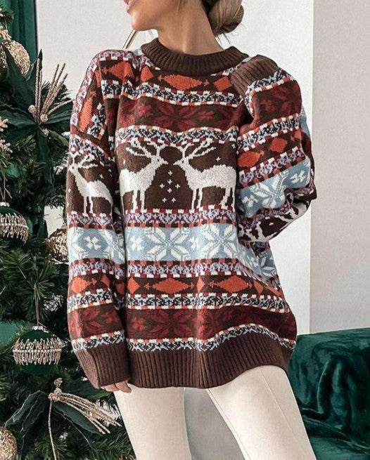 Nordic Reindeer Fair Isle Holiday Sweater - Brown