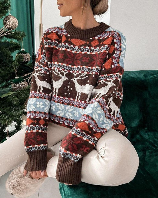 Nordic Reindeer Fair Isle Holiday Sweater - Brown - 1