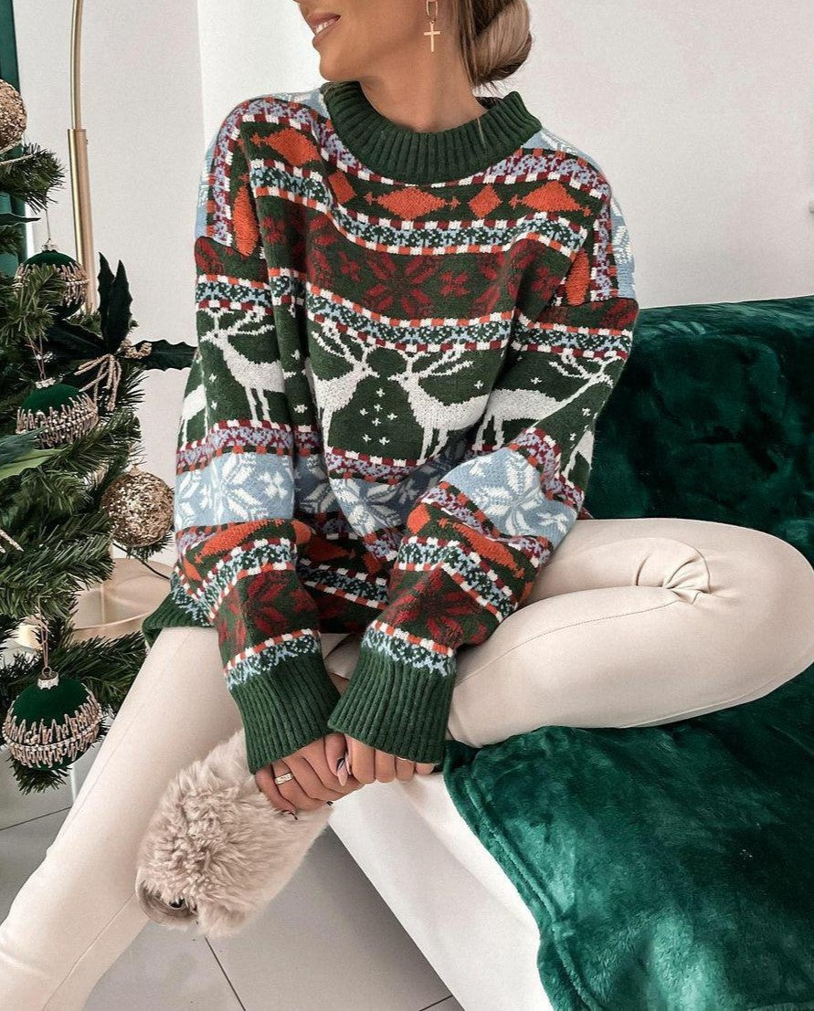 Nordic Reindeer Fair Isle Holiday Sweater - Green
