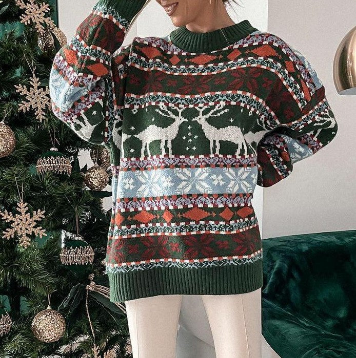 Nordic Reindeer Fair Isle Holiday Sweater - Green - 1