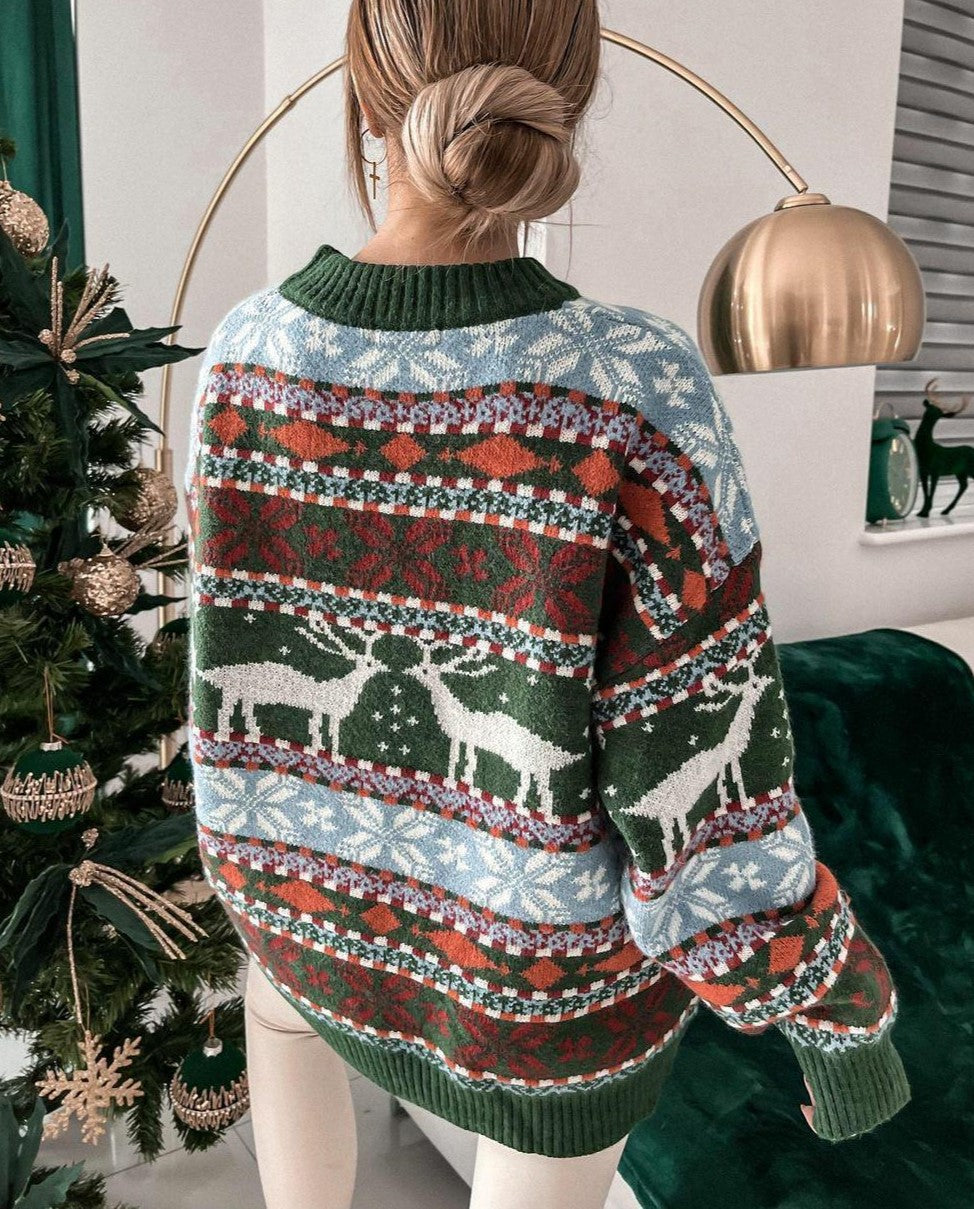 Nordic Reindeer Fair Isle Holiday Sweater - Green - 2