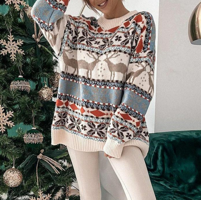 Nordic Reindeer Fair Isle Holiday Sweater - White