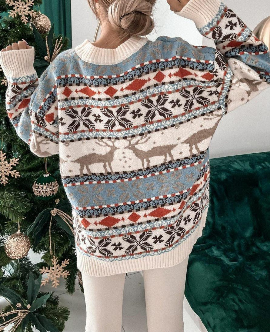 Nordic Reindeer Fair Isle Holiday Sweater - White - 2