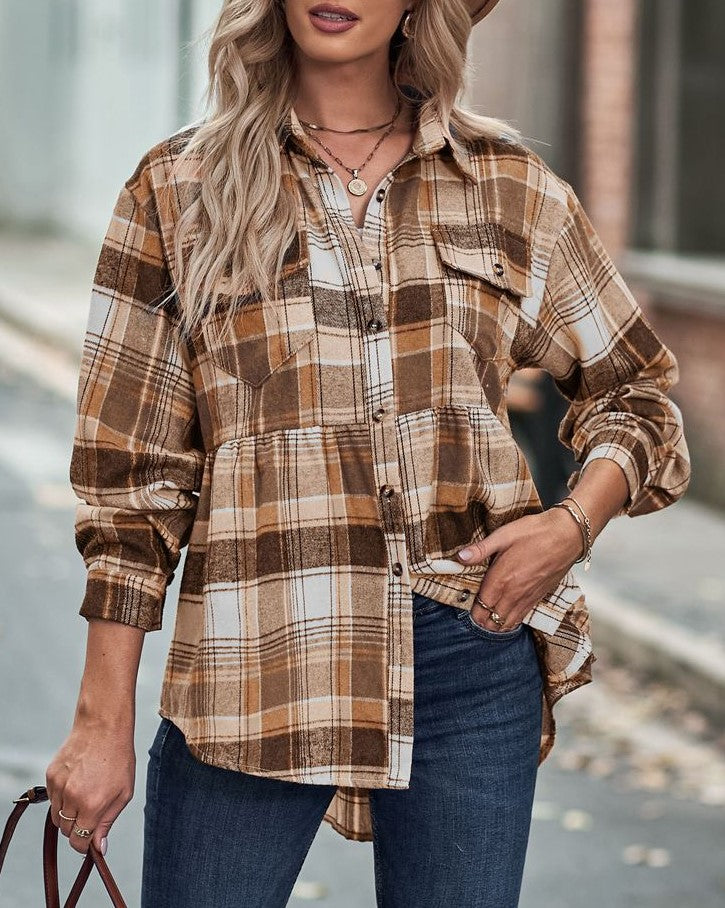 Plaid Peplum Hem Button Down Shirt - Brown