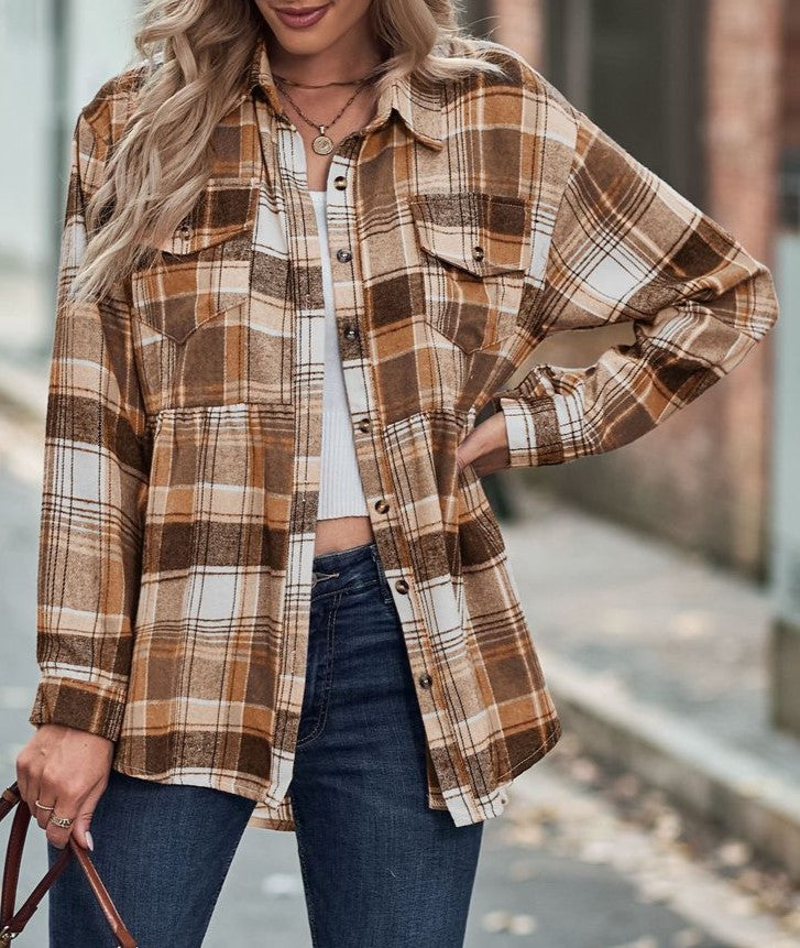 Plaid Peplum Hem Button Down Shirt - Brown - 1