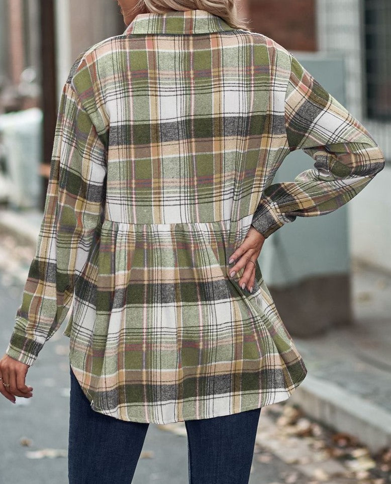 Plaid Peplum Hem Button Down Shirt - Green - 2