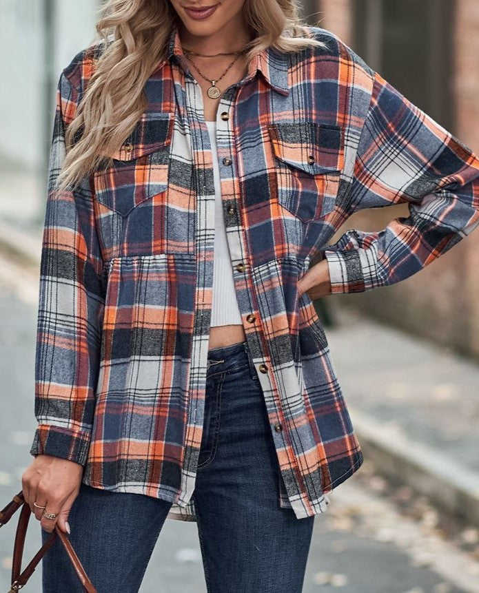 Plaid Peplum Hem Button Down Shirt - Orange