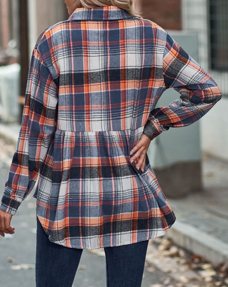 Plaid Peplum Hem Button Down Shirt - Orange - 2