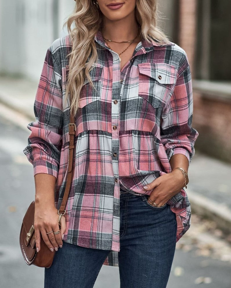 Plaid Peplum Hem Button Down Shirt - Pink