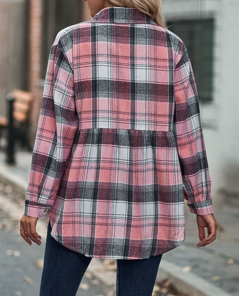 Plaid Peplum Hem Button Down Shirt - Pink - 3