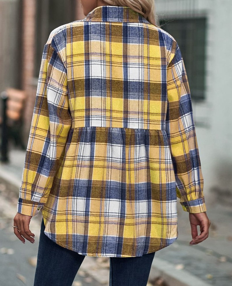 Plaid Peplum Hem Button Down Shirt - Yellow - 1