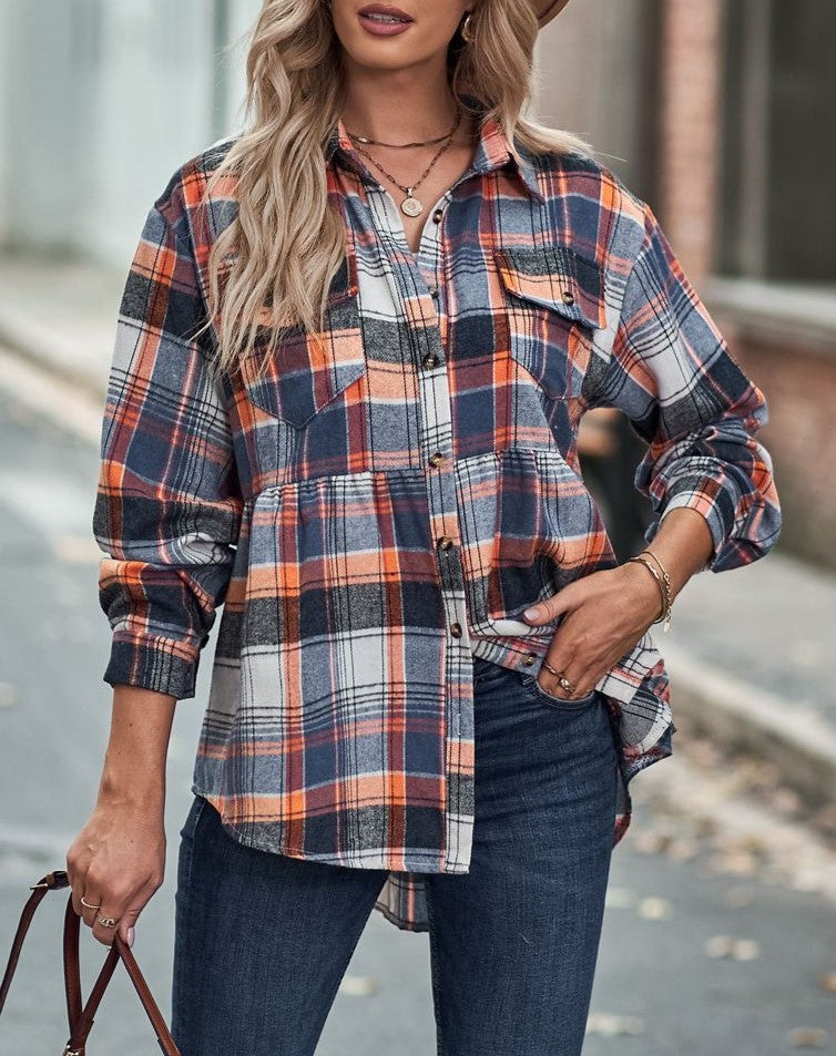 Plaid Peplum Hem Button Down Shirt