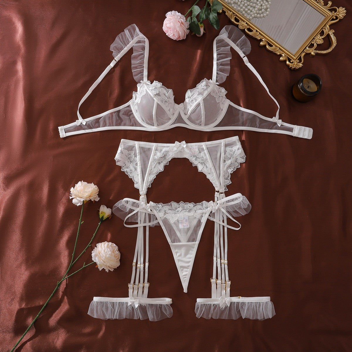 Ruffle Strap Embroidered Mesh Underwire Garter Set - White