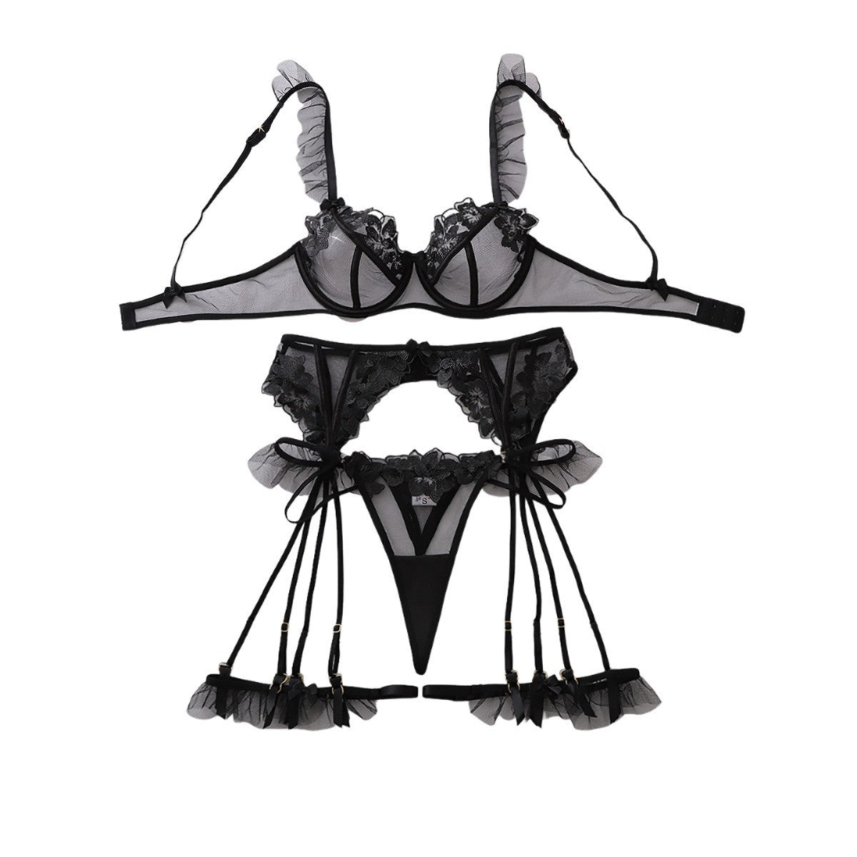 Ruffle Strap Embroidered Mesh Underwire Garter Set