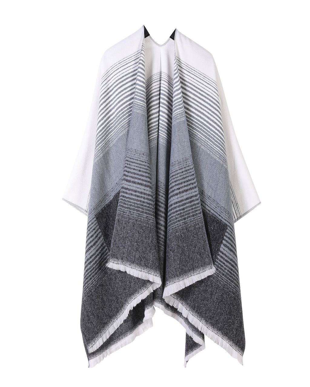 Gradient Stripe Blanket Wrap Cape With Pockets - Gray
