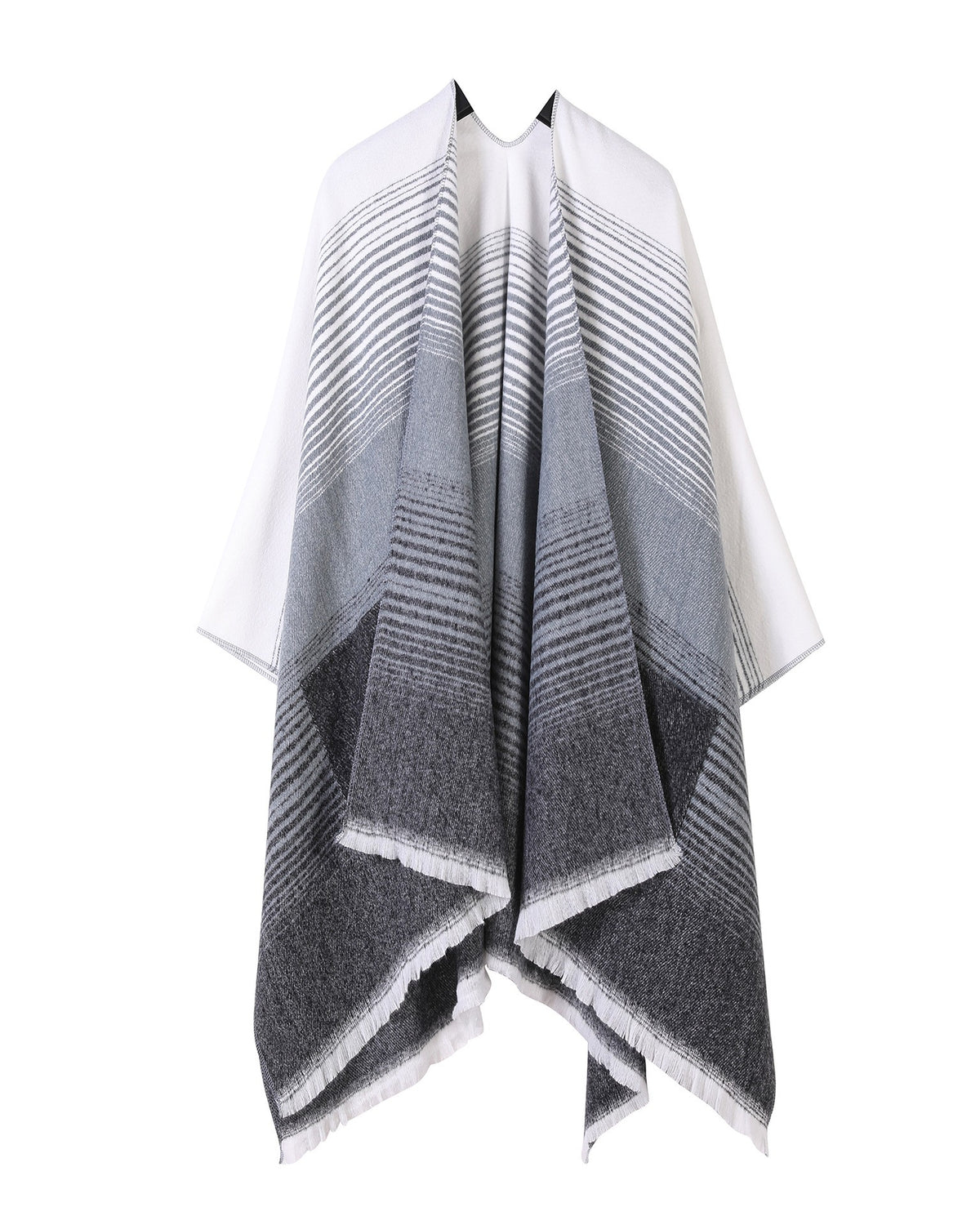 Gradient Stripe Blanket Wrap Cape With Pockets - Gray