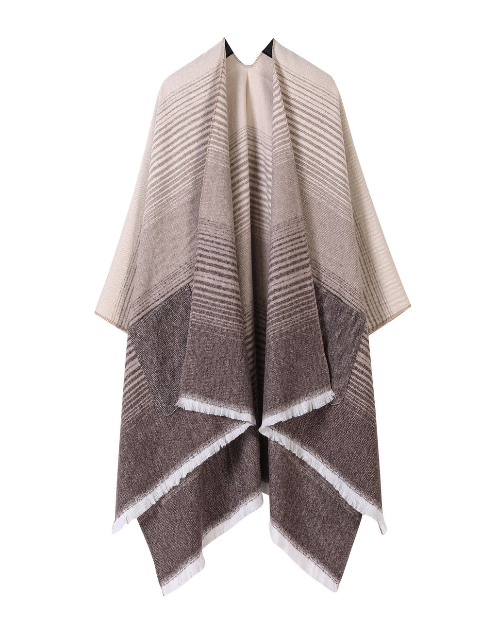 Gradient Stripe Blanket Wrap Cape With Pockets - Khaki