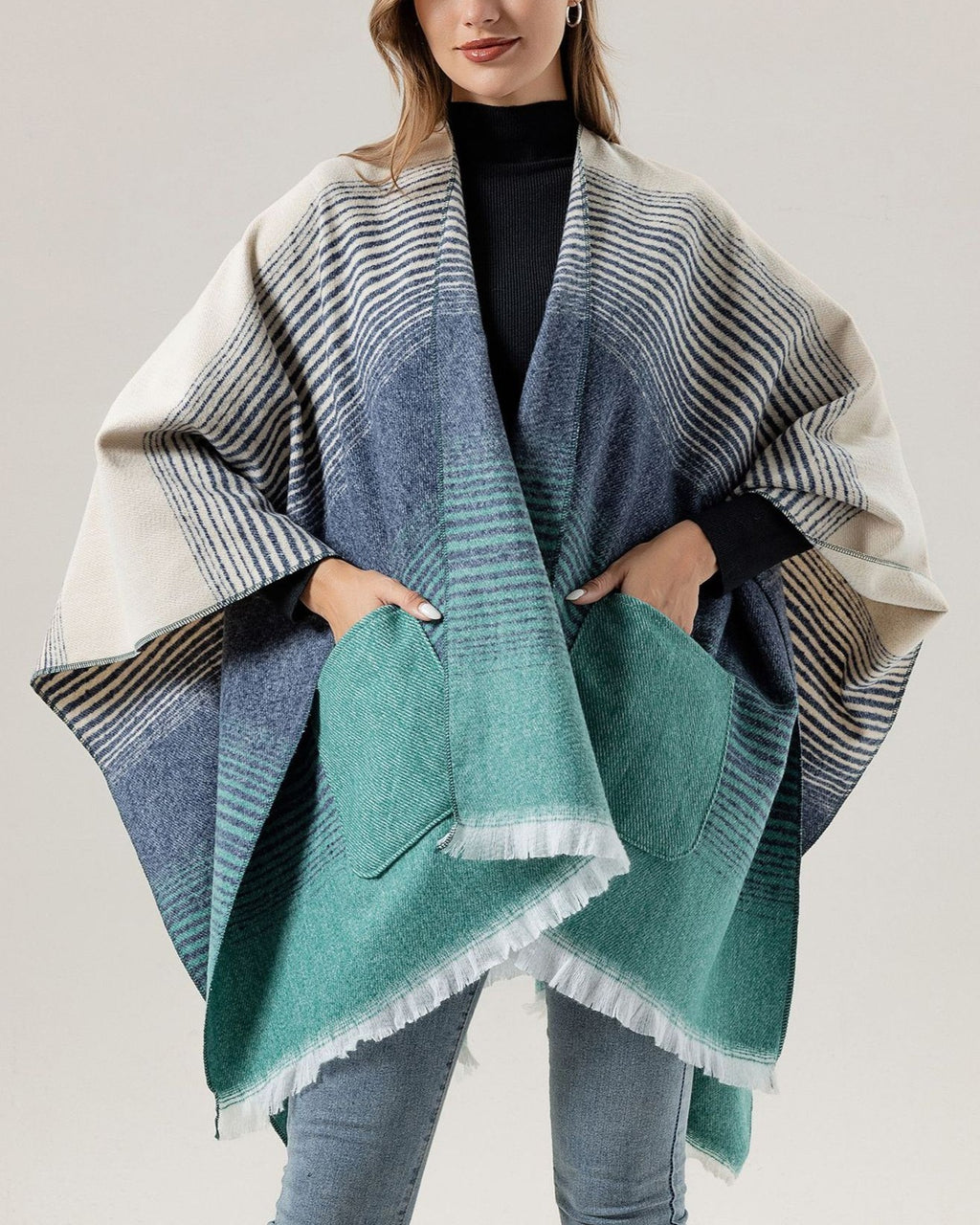 Gradient Stripe Blanket Wrap Cape With Pockets - Lake-Blue