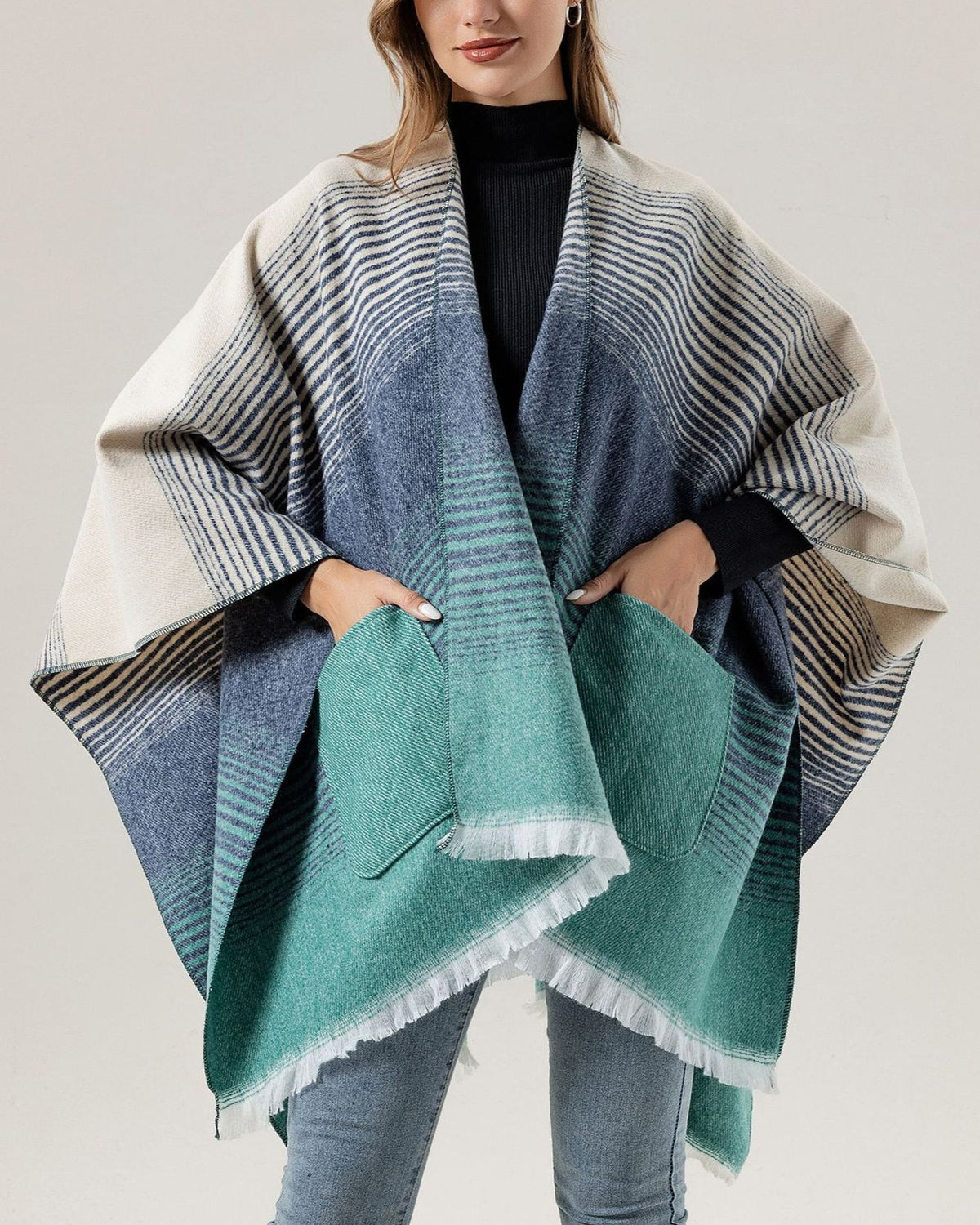 Gradient Stripe Blanket Wrap Cape With Pockets - Lake-Blue