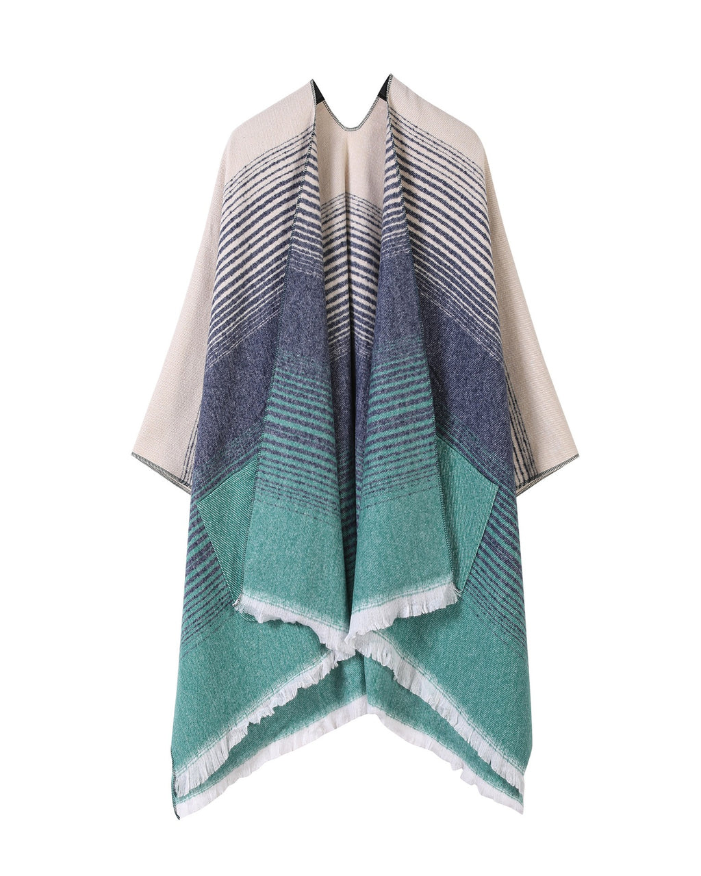 Gradient Stripe Blanket Wrap Cape With Pockets - Lake-Blue - 1