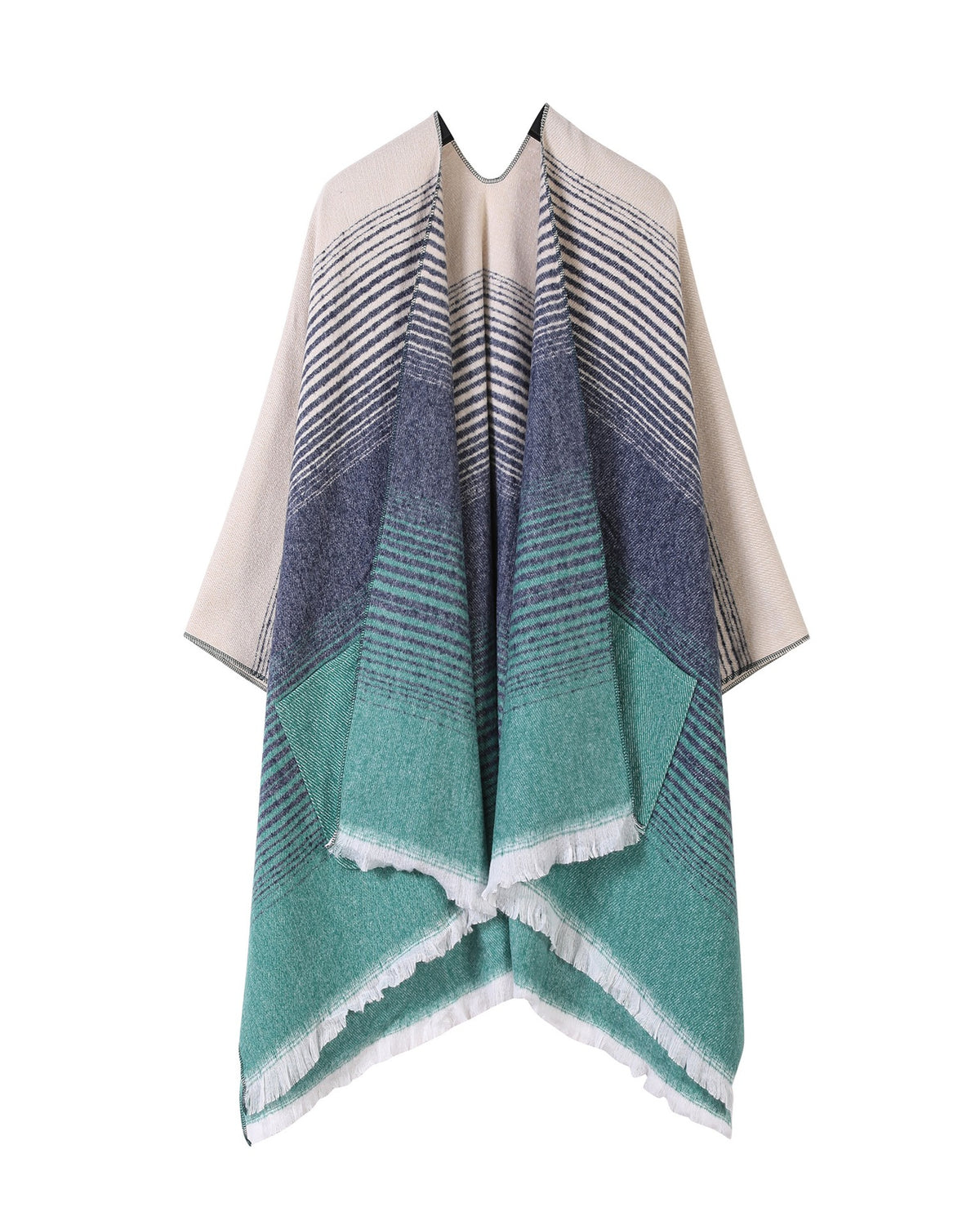 Gradient Stripe Blanket Wrap Cape With Pockets - Lake-Blue - 1
