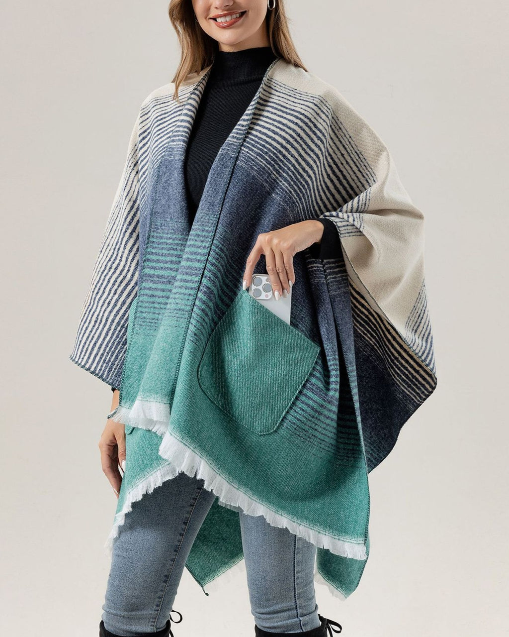 Gradient Stripe Blanket Wrap Cape With Pockets - Lake-Blue - 2