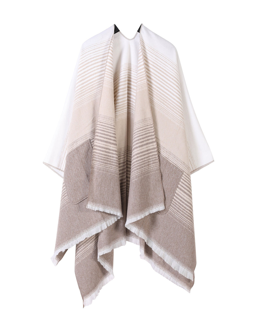Gradient Stripe Blanket Wrap Cape With Pockets - Light-Khaki
