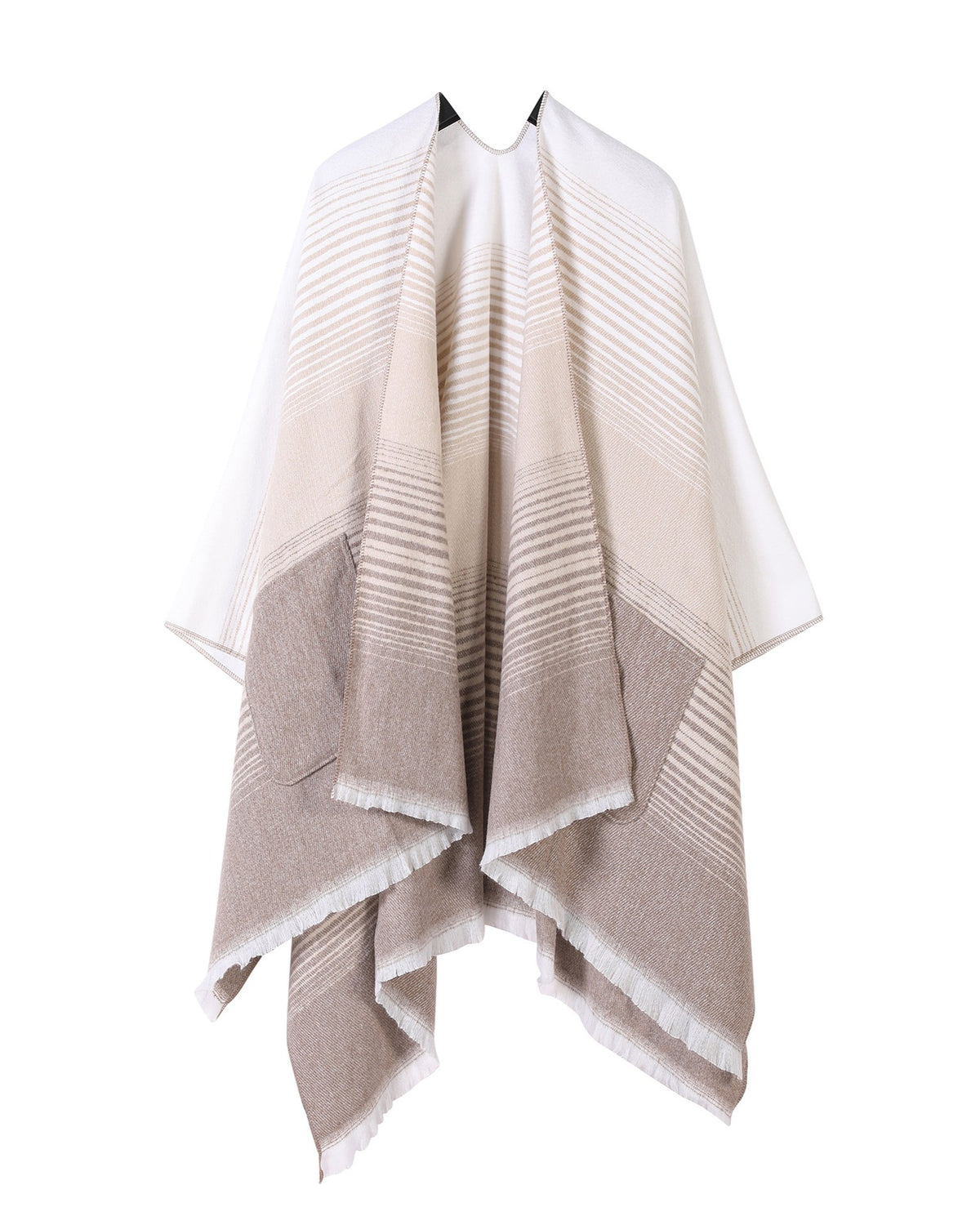 Gradient Stripe Blanket Wrap Cape With Pockets - Light-Khaki
