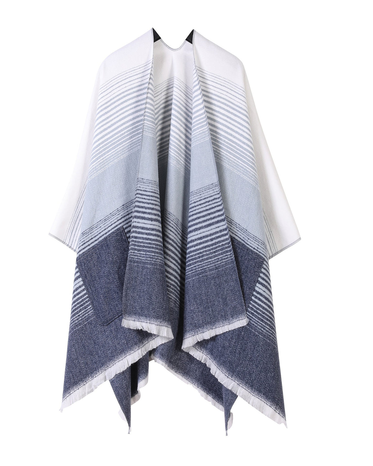 Gradient Stripe Blanket Wrap Cape With Pockets - Navy-Blue
