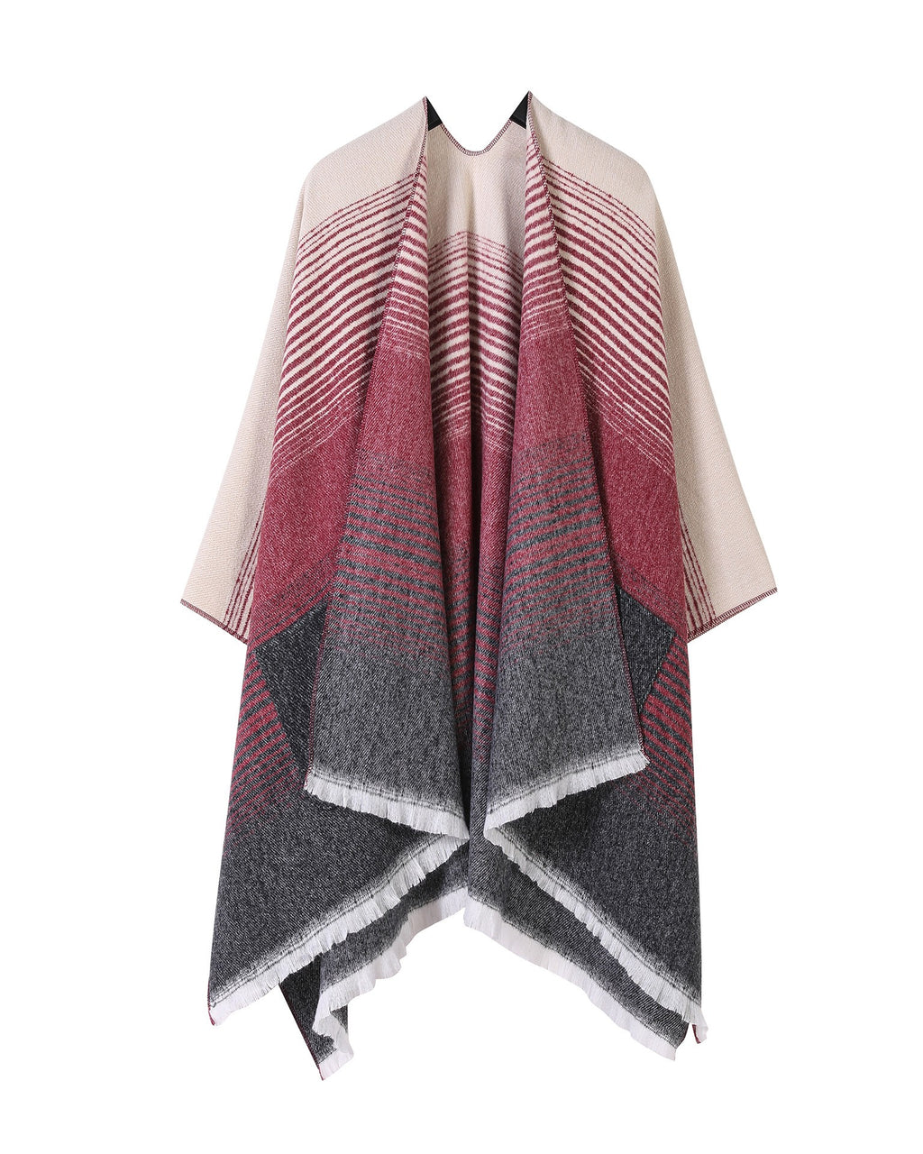 Gradient Stripe Blanket Wrap Cape With Pockets - Red