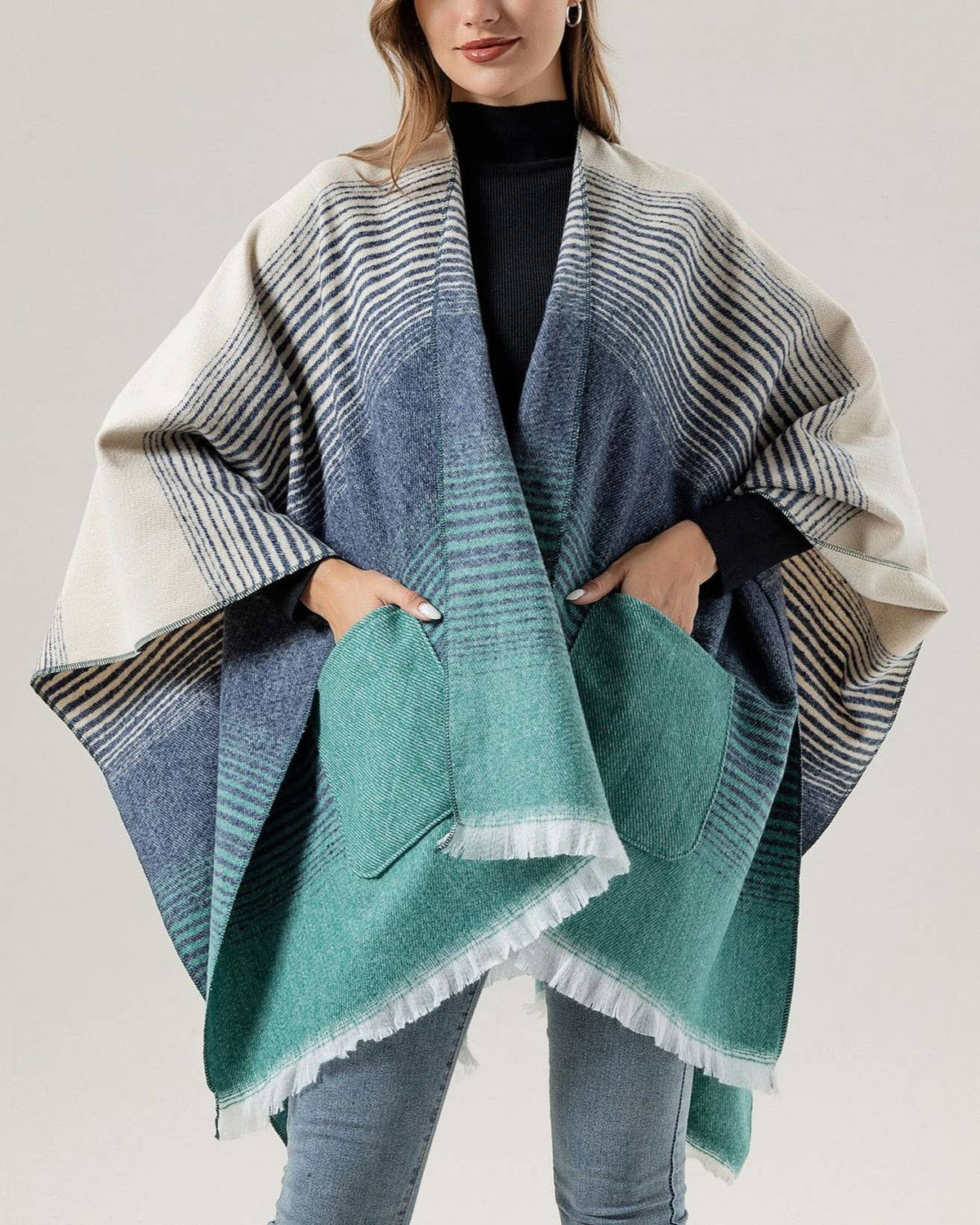 Gradient Stripe Blanket Wrap Cape With Pockets