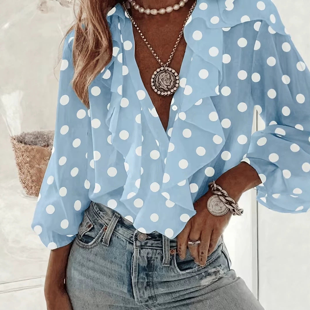 Polka Dot Ruffle Front Blouse with Deep V Neck - Blue