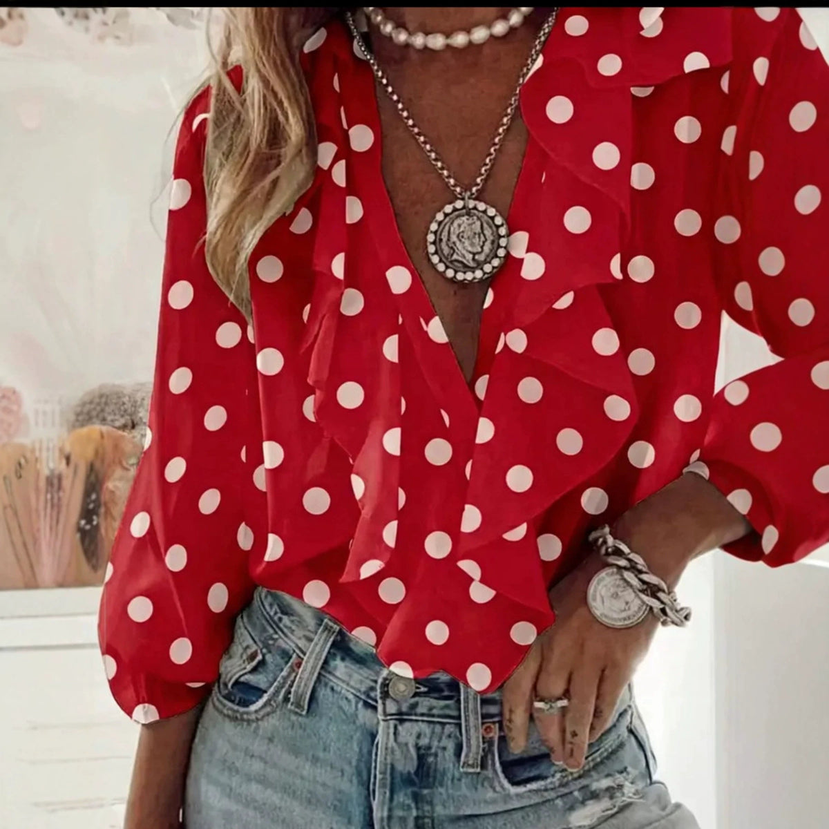 Polka Dot Ruffle Front Blouse with Deep V Neck - Red