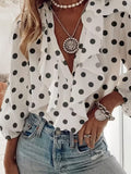 Polka Dot Ruffle Front Blouse with Deep V Neck - White