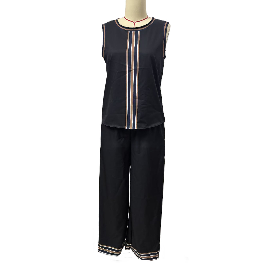 Contrast Trim Sleeveless Top and Wide Leg Pant Set - Black