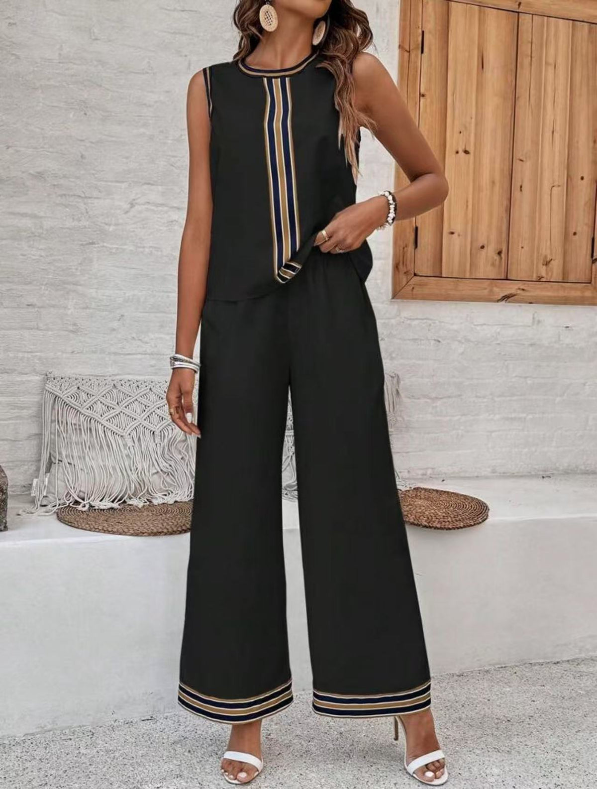 Contrast Trim Sleeveless Top and Wide Leg Pant Set - Black - 1