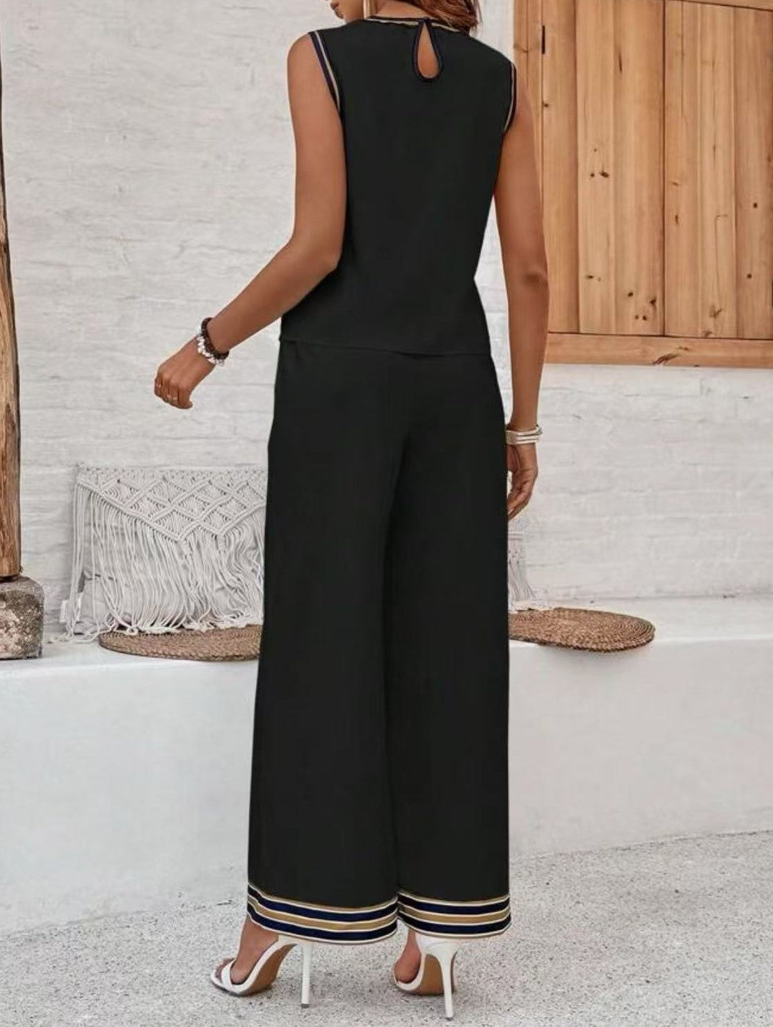 Contrast Trim Sleeveless Top and Wide Leg Pant Set - Black - 2
