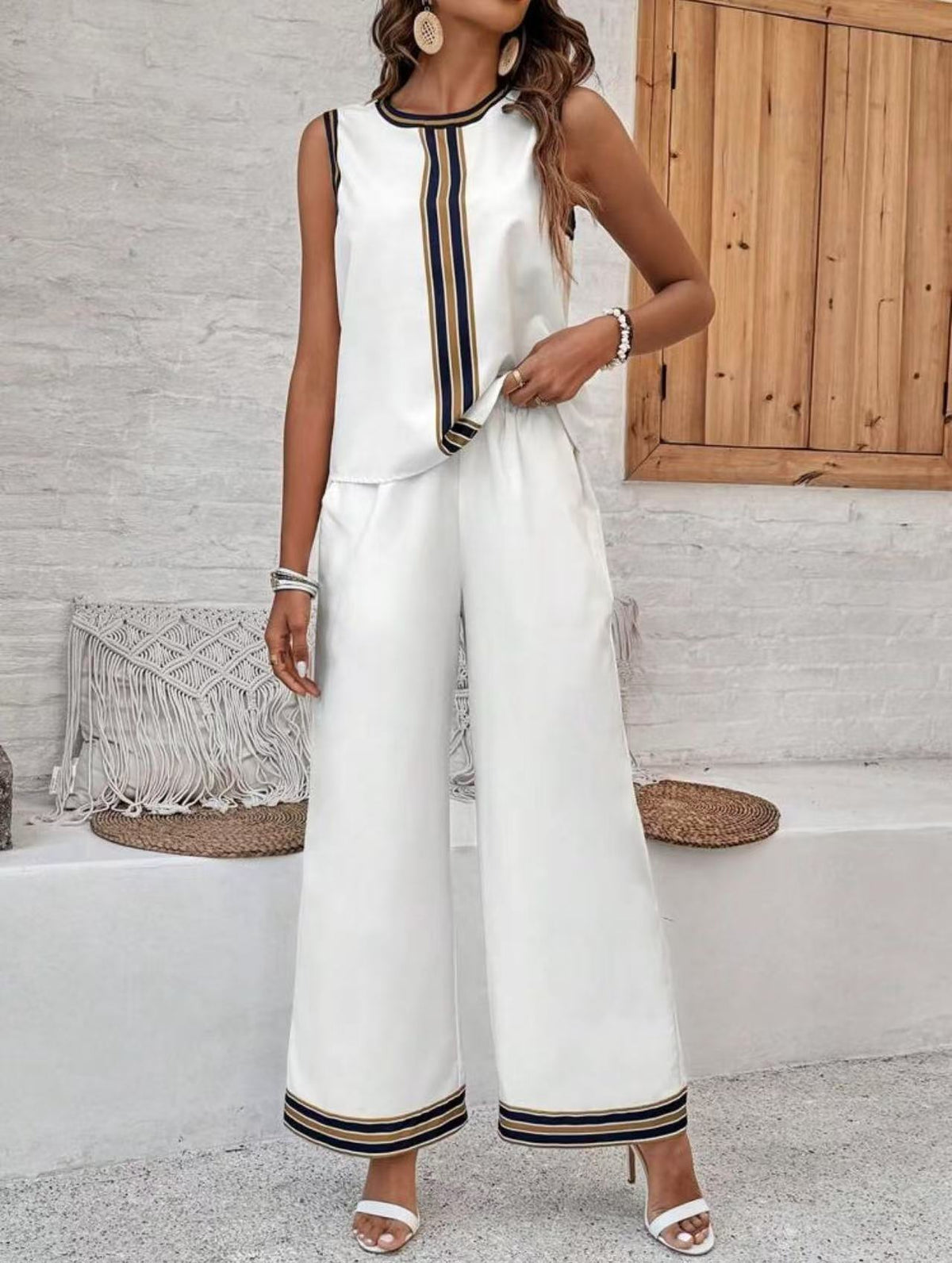 Contrast Trim Sleeveless Top and Wide Leg Pant Set - White