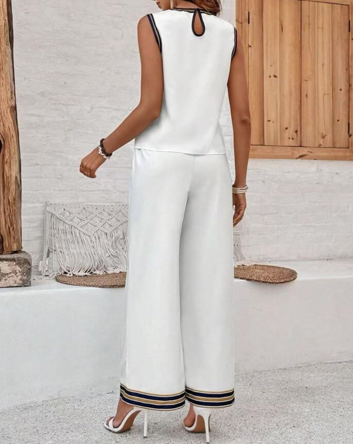 Contrast Trim Sleeveless Top and Wide Leg Pant Set - White - 1
