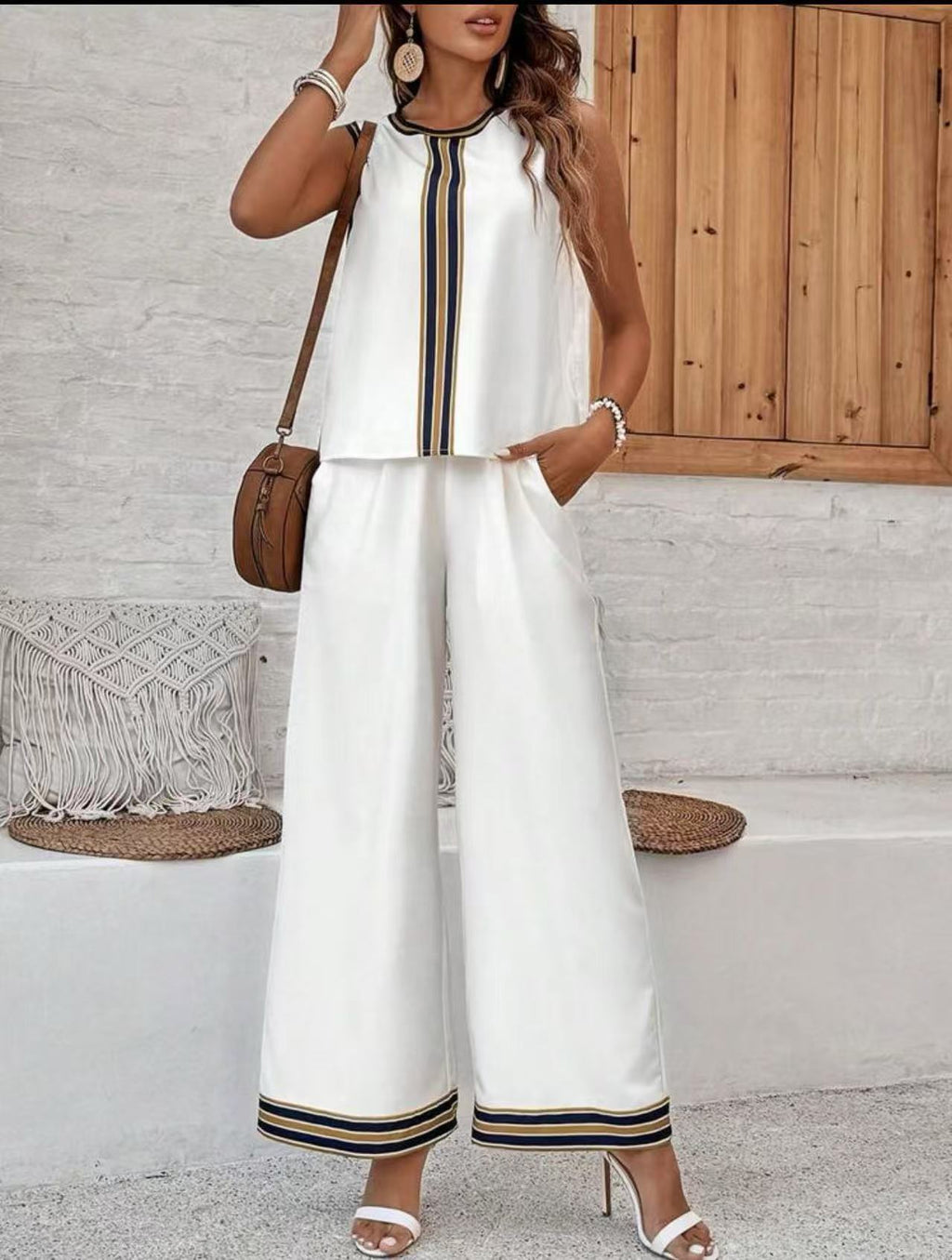 Contrast Trim Sleeveless Top and Wide Leg Pant Set