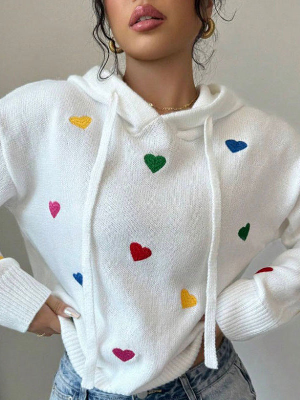 Multicolor Heart Jacquard Hooded Knit Top - White